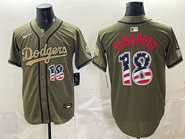 Men's Los Angeles Dodgers #18 Yoshinobu Yamamoto Olive 2026 Armed Forces Day USA 250 Fourth of July Stitched Baseball Jersey Men's Los Angeles Dodgers #18 Yoshinobu Yamamoto Olive 2026 Armed Forces Day USA 250 Fourth of July Stitched Baseball Jersey